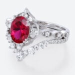 Oval Cut Lab Ruby Wedding Rings Set with Curved Stacking Band White Gold Vintage-Inspired Bridal Ring Set