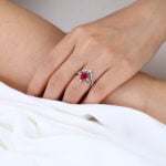 Oval Cut Lab Ruby Wedding Rings Set with Curved Stacking Band White Gold Vintage-Inspired Bridal Ring Set