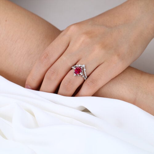 Oval Cut Lab Ruby Wedding Rings Set with Curved Stacking Band White Gold Vintage-Inspired Bridal Ring Set