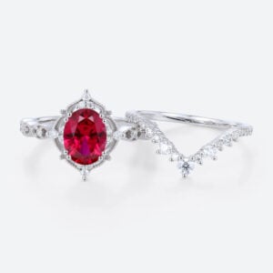 Oval Cut Lab Ruby Wedding Rings Set with Curved Stacking Band White Gold Vintage-Inspired Bridal Ring Set