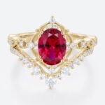 Oval Cut Lab Ruby Wedding Rings Set with Curved Stacking Band Yellow Gold Vintage-Inspired Bridal Ring Set