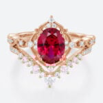 Oval Cut Lab Ruby Wedding Rings Set with Curved Stacking Band Rose Gold Vintage-Inspired Bridal Ring Set
