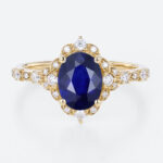 Lab Blue Sapphire Ring 1.4ct Vintage Oval Floral Halo Engagement Rings in Yellow Gold