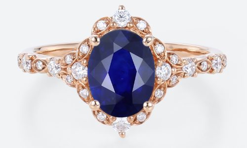 Lab Blue Sapphire Ring 1.4ct Vintage Oval Floral Halo Engagement Rings in Rose Gold