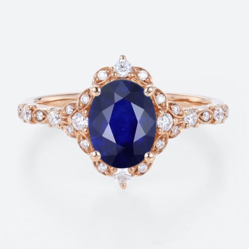 Lab Blue Sapphire Ring 1.4ct Vintage Oval Floral Halo Engagement Rings in Rose Gold