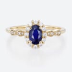 0.6ct Oval Lab Sapphire Rings Gold Vintage Halo Engagement Rings in Yellow Gold