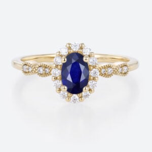 0.6ct Oval Lab Sapphire Rings Gold Vintage Halo Engagement Rings in Yellow Gold