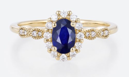 0.6ct Oval Lab Sapphire Rings Gold Vintage Halo Engagement Rings in Yellow Gold