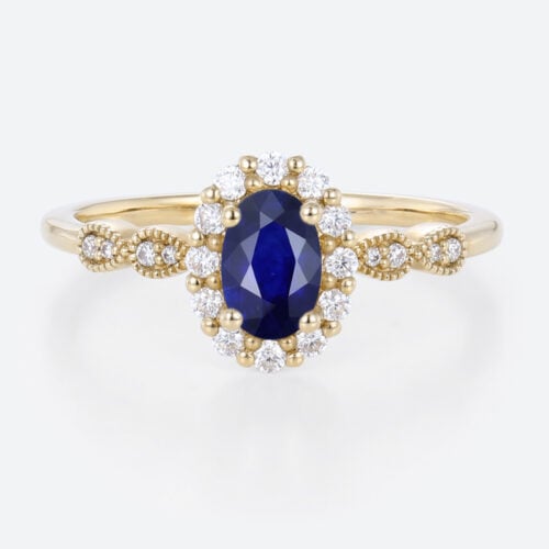 0.6ct Oval Lab Sapphire Rings Gold Vintage Halo Engagement Rings in Yellow Gold
