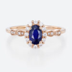 0.6ct Oval Lab Sapphire Rings Gold Vintage Halo Engagement Rings in Rose Gold
