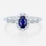 0.6ct Oval Lab Sapphire Rings Gold Vintage Halo Engagement Rings in White Gold