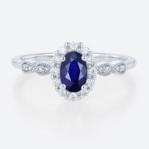 0.6ct Oval Lab Sapphire Rings Gold Vintage Halo Engagement Rings in White Gold