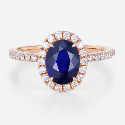 1.4ct Lab Sapphire Ring Oval Cut Halo Engagement Rings Pave Band in Rose Gold