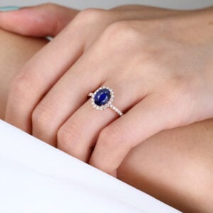 1.4ct Lab Sapphire Ring Oval Cut Halo Engagement Rings Pave Band in Rose Gold