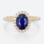 1.4ct Lab Sapphire Ring Oval Cut Halo Engagement Rings Pave Band in Yellow Gold
