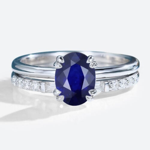 1.4ct Solitaire Lab Sapphire for Engagement Rings with Straight Stacking Band Set in White gold