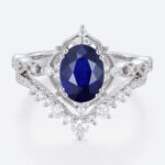 1.4ct Oval Lab Sapphire Wedding Rings Set with Curved Diamond Stacking Band in White Gold