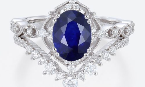 1.4ct Oval Lab Sapphire Wedding Rings Set with Curved Diamond Stacking Band in White Gold