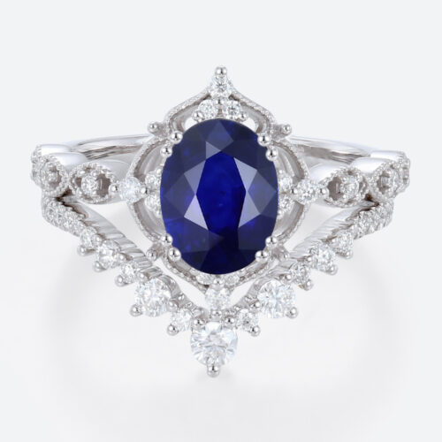 1.4ct Oval Lab Sapphire Wedding Rings Set with Curved Diamond Stacking Band in White Gold