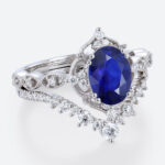 1.4ct Oval Lab Sapphire Wedding Rings Set with Curved Diamond Stacking Band in White Gold