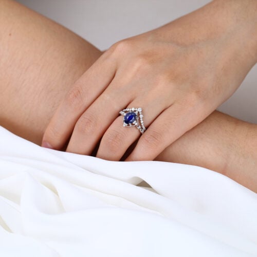 1.4ct Oval Lab Sapphire Wedding Rings Set with Curved Diamond Stacking Band in White Gold