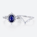 1.4ct Oval Lab Sapphire Wedding Rings Set with Curved Diamond Stacking Band in White Gold