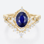 1.4ct Oval Lab Sapphire Wedding Rings Set with Curved Diamond Stacking Band in Yellow Gold