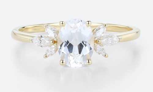 Oval White Sapphire Engagement Rings 1.4ct Petal-shaped Side Stones Bridal Ring in Yellow Gold