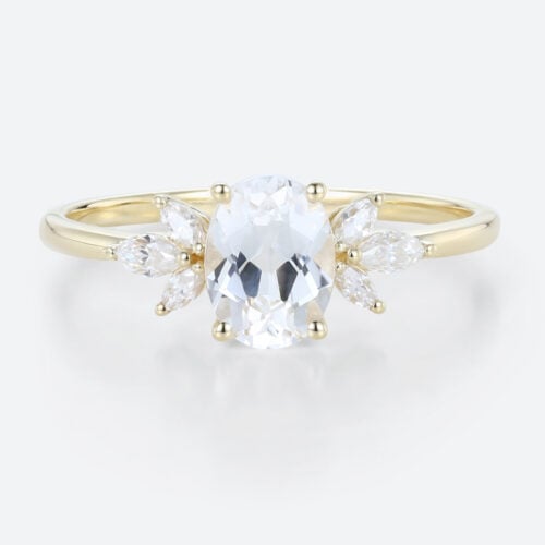 Oval White Sapphire Engagement Rings 1.4ct Petal-shaped Side Stones Bridal Ring in Yellow Gold