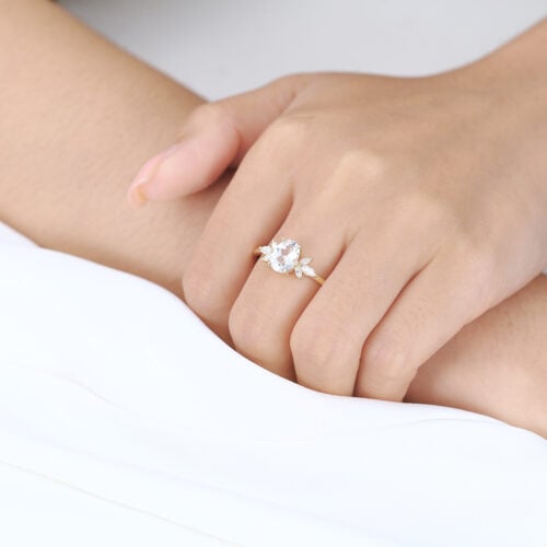 Oval White Sapphire Engagement Rings 1.4ct Petal-shaped Side Stones Bridal Ring in Yellow Gold