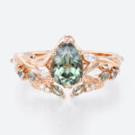1.5ct Pear Cut Green Sapphire Ring Set Green Sapphire Engagement Ring with Matching Leaf & Vine Band in Rose Gold
