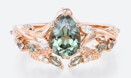 1.5ct Pear Cut Green Sapphire Ring Set Green Sapphire Engagement Ring with Matching Leaf & Vine Band in Rose Gold