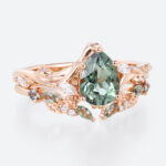 1.5ct Pear Cut Green Sapphire Ring Set Green Sapphire Engagement Ring with Matching Leaf & Vine Band in Rose Gold