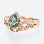 1.5ct Pear Cut Green Sapphire Ring Set Green Sapphire Engagement Ring with Matching Leaf & Vine Band in Rose Gold