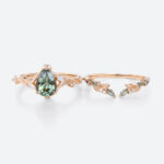 1.5ct Pear Cut Green Sapphire Ring Set Green Sapphire Engagement Ring with Matching Leaf & Vine Band in Rose Gold