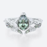 1.5ct Pear Cut Green Sapphire Ring Set Green Sapphire Engagement Ring with Matching Leaf & Vine Band in White Gold
