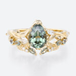 1.5ct Pear Cut Green Sapphire Ring Set Green Sapphire Engagement Ring with Matching Leaf & Vine Band in Yellow Gold