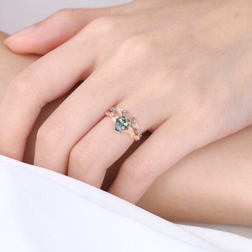 1.5ct Pear Cut Green Sapphire Ring Set Green Sapphire Engagement Ring with Matching Leaf & Vine Band in Rose Gold