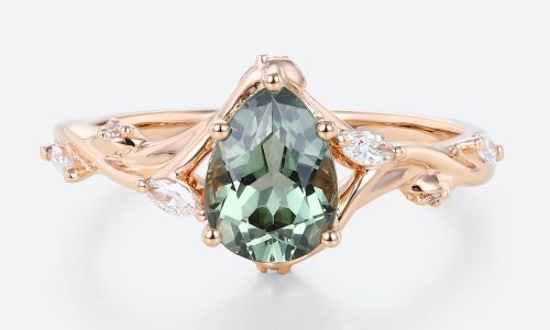 Pear Cut Green Sapphire Engagement Ring​ with Floral Vine Details in Rose Gold