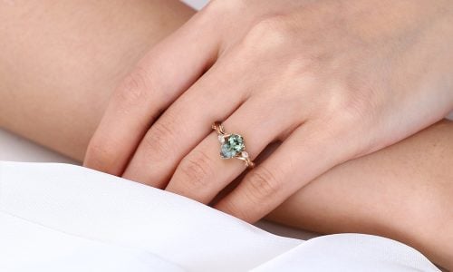 September’s birthstone - Pear Cut Green Sapphire Engagement Ring​ with Floral Vine Details in Rose Gold