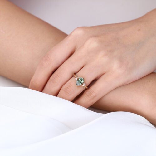 Pear Cut Green Sapphire Engagement Ring​ with Floral Vine Details in Rose Gold