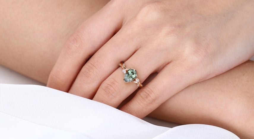 Pear Cut Green Sapphire Nature-Inspired Engagement Ring with Floral Vine Details (4) September’s birthstone - Pear Cut Green Sapphire Engagement Ring with Floral Vine Details in Rose Gold