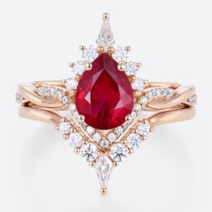 Lab Ruby Engagement Ring Set with Curved Diamond Wedding Band in Rose Gold