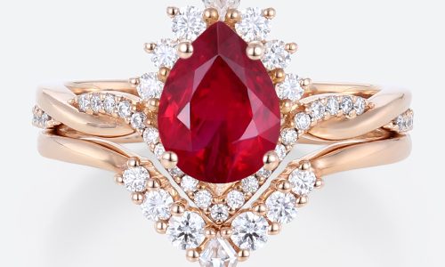 Lab Ruby Engagement Ring Set with Curved Diamond Wedding Band in Rose Gold