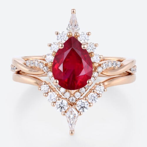 Lab Ruby Engagement Ring Set with Curved Diamond Wedding Band in Rose Gold