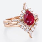 Lab Ruby Engagement Ring Set with Curved Diamond Wedding Band in Rose Gold