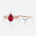 Lab Ruby Engagement Ring Set with Curved Diamond Wedding Band in Rose Gold