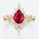 Lab Ruby Engagement Ring Set with Curved Diamond Wedding Band in Yelllow Gold