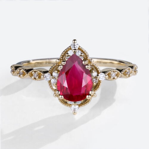 Vintage Lab Ruby Rings 1.2ct Pear Shaped Ruby Engagement Ring in Yellow Gold