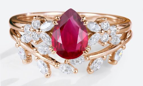 Pear Shaped Lab Ruby Ring Set Floral-Inspired Engagement Ring with Curved Vine Band in Rose Gold